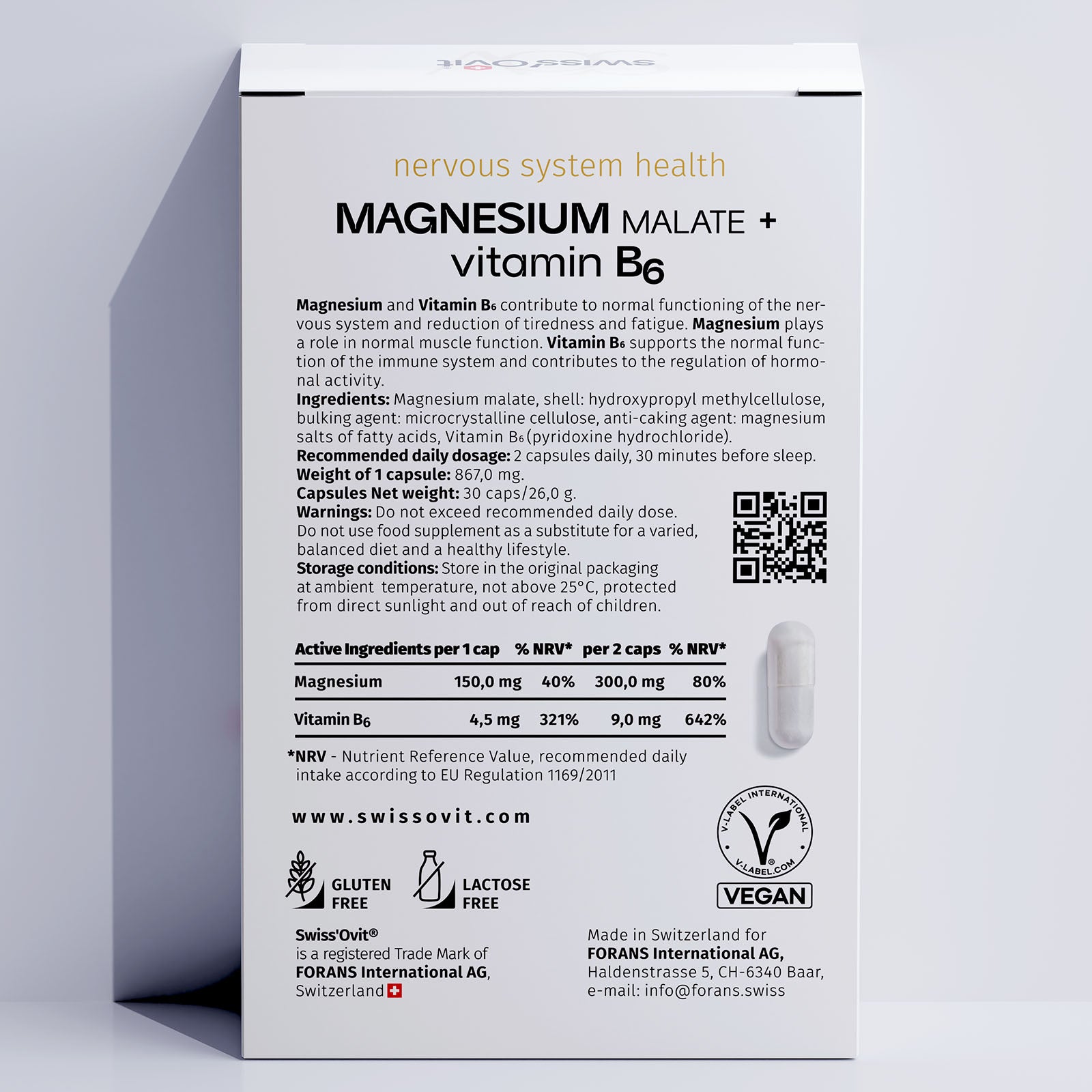 Back of Swissovit Magnesium supplement box with ingredient information and benefits for the nervous system.
