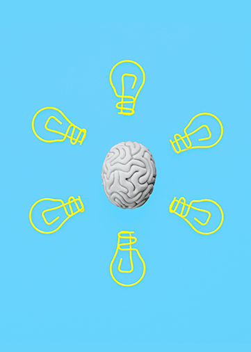 Brain illustration with light bulbs